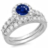 2.00 Carat (ctw) 14K White Gold Round Cut Blue Sapphire & White Diamond Ladies Bridal Halo Style Engagement Ring With Matching Wedding Band Set 2 CT