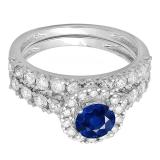 2.00 Carat (ctw) 14K White Gold Round Cut Blue Sapphire & White Diamond Ladies Bridal Halo Style Engagement Ring With Matching Wedding Band Set 2 CT