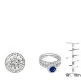 2.00 Carat (ctw) 14K White Gold Round Cut Blue Sapphire & White Diamond Ladies Bridal Halo Style Engagement Ring With Matching Wedding Band Set 2 CT