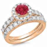 2.00 Carat (ctw) 10K Rose Gold Round Cut Red Ruby & White Diamond Ladies Bridal Halo Style Engagement Ring With Matching Wedding Band Set 2 CT