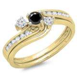 0.50 Carat (ctw) 10K Yellow Gold Round Black & White Diamond Ladies Bridal Swirl Engagement Ring With Matching Band Set 1/2 CT