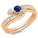0.50 Carat (ctw) 10K Rose Gold Round Blue Sapphire & White Diamond Ladies Bridal Swirl Engagement Ring With Matching Band Set 1/2 CT