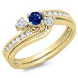0.50 Carat (ctw) 10K Yellow Gold Round Blue Sapphire & White Diamond Ladies Bridal Swirl Engagement Ring With Matching Band Set 1/2 CT
