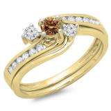 0.50 Carat (ctw) 10K Yellow Gold Round Champagne & White Diamond Ladies Bridal Swirl Engagement Ring With Matching Band Set 1/2 CT