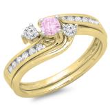 0.50 Carat (ctw) 10K Yellow Gold Round Pink Sapphire & White Diamond Ladies Bridal Swirl Engagement Ring With Matching Band Set 1/2 CT