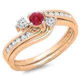0.50 Carat (ctw) 10K Rose Gold Round Red Ruby & White Diamond Ladies Bridal Swirl Engagement Ring With Matching Band Set 1/2 CT