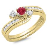 0.50 Carat (ctw) 10K Yellow Gold Round Red Ruby & White Diamond Ladies Bridal Swirl Engagement Ring With Matching Band Set 1/2 CT