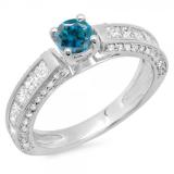 1.75 Carat (ctw) 10K White Gold Round & Princess Cut Blue & White Diamond Ladies Solitaire With Accents Bridal Engagement Ring 1 3/4 CT