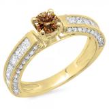 1.75 Carat (ctw) 10K Yellow Gold Round & Princess Cut Champagne & White Diamond Ladies Solitaire With Accents Bridal Engagement Ring 1 3/4 CT