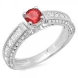 1.75 Carat (ctw) 10K White Gold Round & Princess Cut Red Ruby & White Diamond Ladies Solitaire With Accents Bridal Engagement Ring 1 3/4 CT