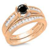 1.00 Carat (ctw) 10K Rose Gold Round White & Black Diamond Ladies Vintage Style Bridal Engagement Ring With Matching Band Set 1 CT