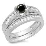 1.00 Carat (ctw) 10K White Gold Round White & Black Diamond Ladies Vintage Style Bridal Engagement Ring With Matching Band Set 1 CT