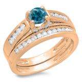 1.00 Carat (ctw) 10K Rose Gold Round White & Blue Diamond Ladies Vintage Style Bridal Engagement Ring With Matching Band Set 1 CT