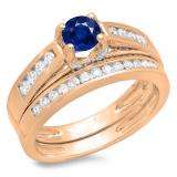 1.00 Carat (ctw) 10K Rose Gold Round White Diamond & Blue Sapphire Ladies Vintage Style Bridal Engagement Ring With Matching Band Set 1 CT