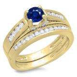 1.00 Carat (ctw) 10K Yellow Gold Round White Diamond & Blue Sapphire Ladies Vintage Style Bridal Engagement Ring With Matching Band Set 1 CT