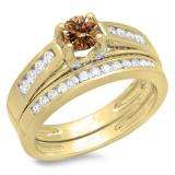1.00 Carat (ctw) 10K Yellow Gold Round White & Champagne Diamond Ladies Vintage Style Bridal Engagement Ring With Matching Band Set 1 CT