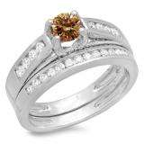 1.00 Carat (ctw) 14K White Gold Round White & Champagne Diamond Ladies Vintage Style Bridal Engagement Ring With Matching Band Set 1 CT
