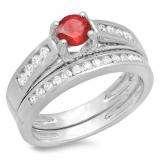 1.00 Carat (ctw) 10K White Gold Round White Diamond & Red Ruby Ladies Vintage Style Bridal Engagement Ring With Matching Band Set 1 CT