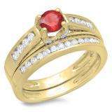 1.00 Carat (ctw) 10K Yellow Gold Round White Diamond & Red Ruby Ladies Vintage Style Bridal Engagement Ring With Matching Band Set 1 CT
