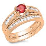 1.00 Carat (ctw) 14K Rose Gold Round White Diamond & Red Ruby Ladies Vintage Style Bridal Engagement Ring With Matching Band Set 1 CT