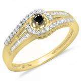 0.33 Carat (ctw) 10K Yellow Gold Round & Baguette Cut Black & White Diamond Ladies Twisted Swirl Bridal Halo Engagement Ring 1/3 CT
