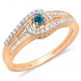 0.33 Carat (ctw) 10K Rose Gold Round & Baguette Cut Blue & White Diamond Ladies Twisted Swirl Bridal Halo Engagement Ring 1/3 CT