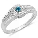 0.33 Carat (ctw) 14K White Gold Round & Baguette Cut Blue & White Diamond Ladies Twisted Swirl Bridal Halo Engagement Ring 1/3 CT