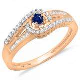 0.33 Carat (ctw) 10K Rose Gold Round & Baguette Cut Blue Sapphire & White Diamond Ladies Twisted Swirl Bridal Halo Engagement Ring 1/3 CT