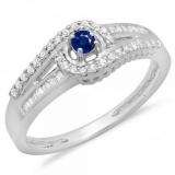 0.33 Carat (ctw) 10K White Gold Round & Baguette Cut Blue Sapphire & White Diamond Ladies Twisted Swirl Bridal Halo Engagement Ring 1/3 CT
