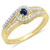 0.33 Carat (ctw) 10K Yellow Gold Round & Baguette Cut Blue Sapphire & White Diamond Ladies Twisted Swirl Bridal Halo Engagement Ring 1/3 CT