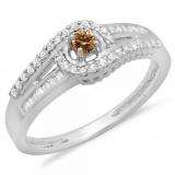 0.33 Carat (ctw) 14K White Gold Round & Baguette Cut Champagne & White Diamond Ladies Twisted Swirl Bridal Halo Engagement Ring 1/3 CT
