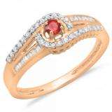 0.33 Carat (ctw) 18K Rose Gold Round & Baguette Cut Red Ruby & White Diamond Ladies Twisted Swirl Bridal Halo Engagement Ring 1/3 CT