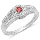 0.33 Carat (ctw) 18K White Gold Round & Baguette Cut Red Ruby & White Diamond Ladies Twisted Swirl Bridal Halo Engagement Ring 1/3 CT
