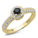 0.70 Carat (ctw) 10K Yellow Gold Round Black & White Diamond Ladies Bridal Vintage Style Milgrain Halo Engagement Ring 3/4 CT