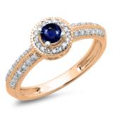 0.70 Carat (ctw) 10K Rose Gold Round Blue Sapphire & White Diamond Ladies Bridal Vintage Style Milgrain Halo Engagement Ring 3/4 CT