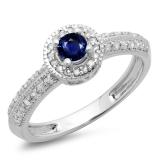 0.70 Carat (ctw) 10K White Gold Round Blue Sapphire & White Diamond Ladies Bridal Vintage Style Milgrain Halo Engagement Ring 3/4 CT