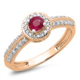 0.70 Carat (ctw) 10K Rose Gold Round Red Ruby & White Diamond Ladies Bridal Vintage Style Milgrain Halo Engagement Ring 3/4 CT