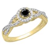 0.50 Carat (ctw) 10K Yellow Gold Round Black & White Diamond Ladies Swirl Split Shank Bridal Halo Style Engagement Ring 1/2 CT