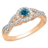 0.50 Carat (ctw) 14K Rose Gold Round Blue & White Diamond Ladies Swirl Split Shank Bridal Halo Style Engagement Ring 1/2 CT