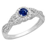 0.50 Carat (ctw) 10K White Gold Round Blue Sapphire & White Diamond Ladies Swirl Split Shank Bridal Halo Style Engagement Ring 1/2 CT