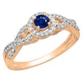 0.50 Carat (ctw) 14K Rose Gold Round Blue Sapphire & White Diamond Ladies Swirl Split Shank Bridal Halo Style Engagement Ring 1/2 CT