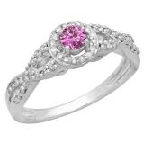 0.50 Carat (ctw) 10K White Gold Round Pink Sapphire & White Diamond Ladies Swirl Split Shank Bridal Halo Style Engagement Ring 1/2 CT