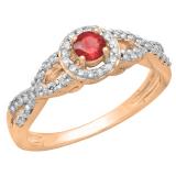 0.50 Carat (ctw) 18K Rose Gold Round Red Ruby & White Diamond Ladies Swirl Split Shank Bridal Halo Style Engagement Ring 1/2 CT
