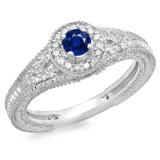 0.50 Carat (ctw) 18K White Gold Round Blue Sapphire & White Diamond Ladies Split Shank Bridal Vintage Halo Style Engagement Ring 1/2 CT