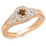 0.50 Carat (ctw) 10K Rose Gold Round Champagne & White Diamond Ladies Split Shank Bridal Vintage Halo Style Engagement Ring 1/2 CT