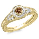 0.50 Carat (ctw) 10K Yellow Gold Round Champagne & White Diamond Ladies Split Shank Bridal Vintage Halo Style Engagement Ring 1/2 CT