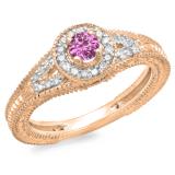 0.50 Carat (ctw) 10K Rose Gold Round Pink Sapphire & White Diamond Ladies Split Shank Bridal Vintage Halo Style Engagement Ring 1/2 CT