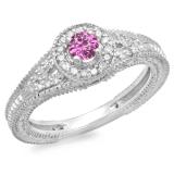 0.50 Carat (ctw) 18K White Gold Round Pink Sapphire & White Diamond Ladies Split Shank Bridal Vintage Halo Style Engagement Ring 1/2 CT