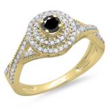 0.60 Carat (ctw) 10K Yellow Gold Round Cut Black & White Diamond Ladies Crossover Swirl Bridal Halo Engagement Ring