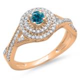 0.60 Carat (ctw) 10K Rose Gold Round Cut Blue & White Diamond Ladies Crossover Swirl Bridal Halo Engagement Ring